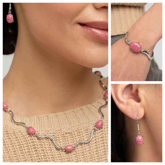 Striped Season - Pink Necklace Earring Set & Bracelet