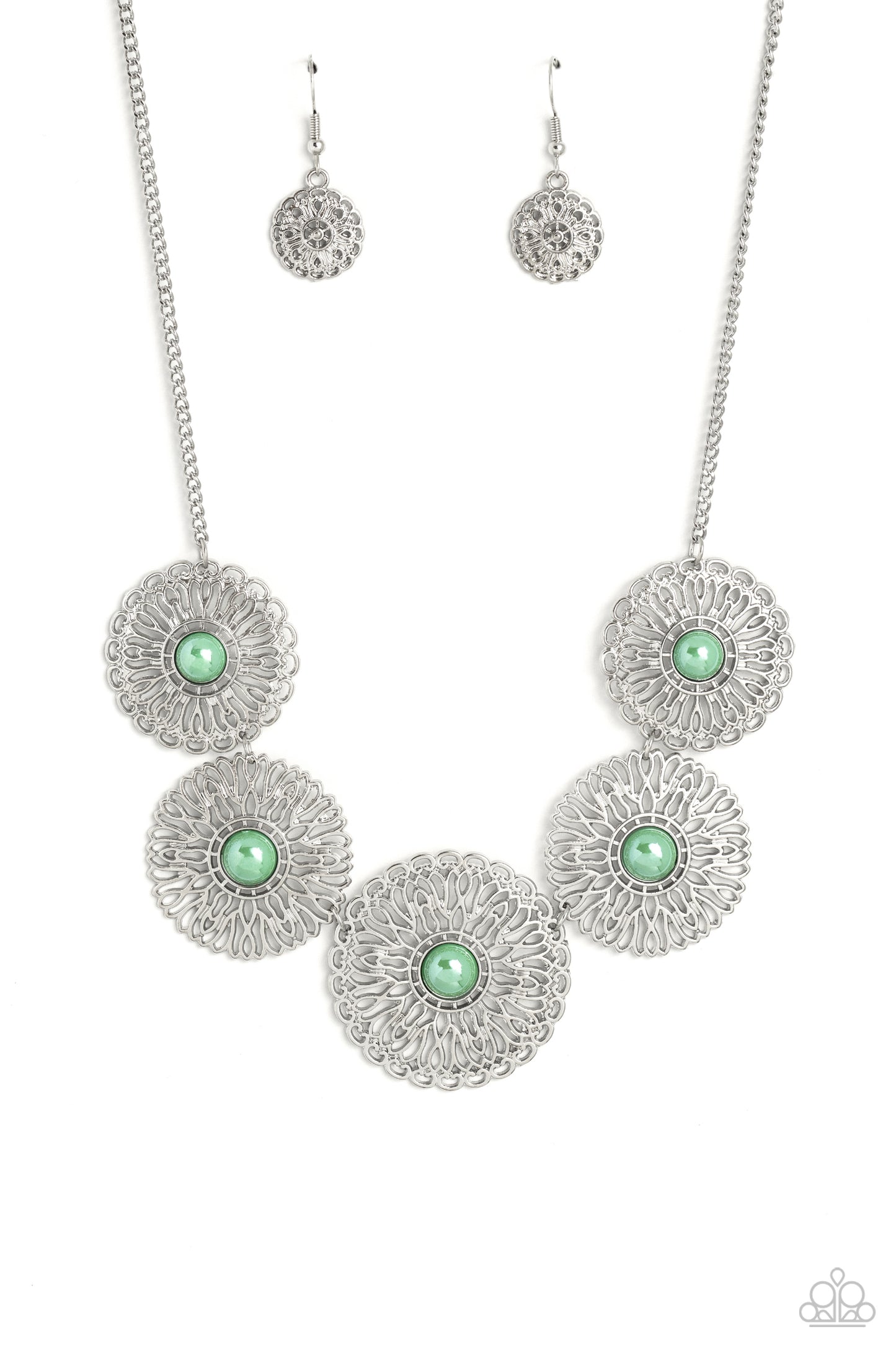 Chrysanthemum Craze - Green Necklace Earring Set