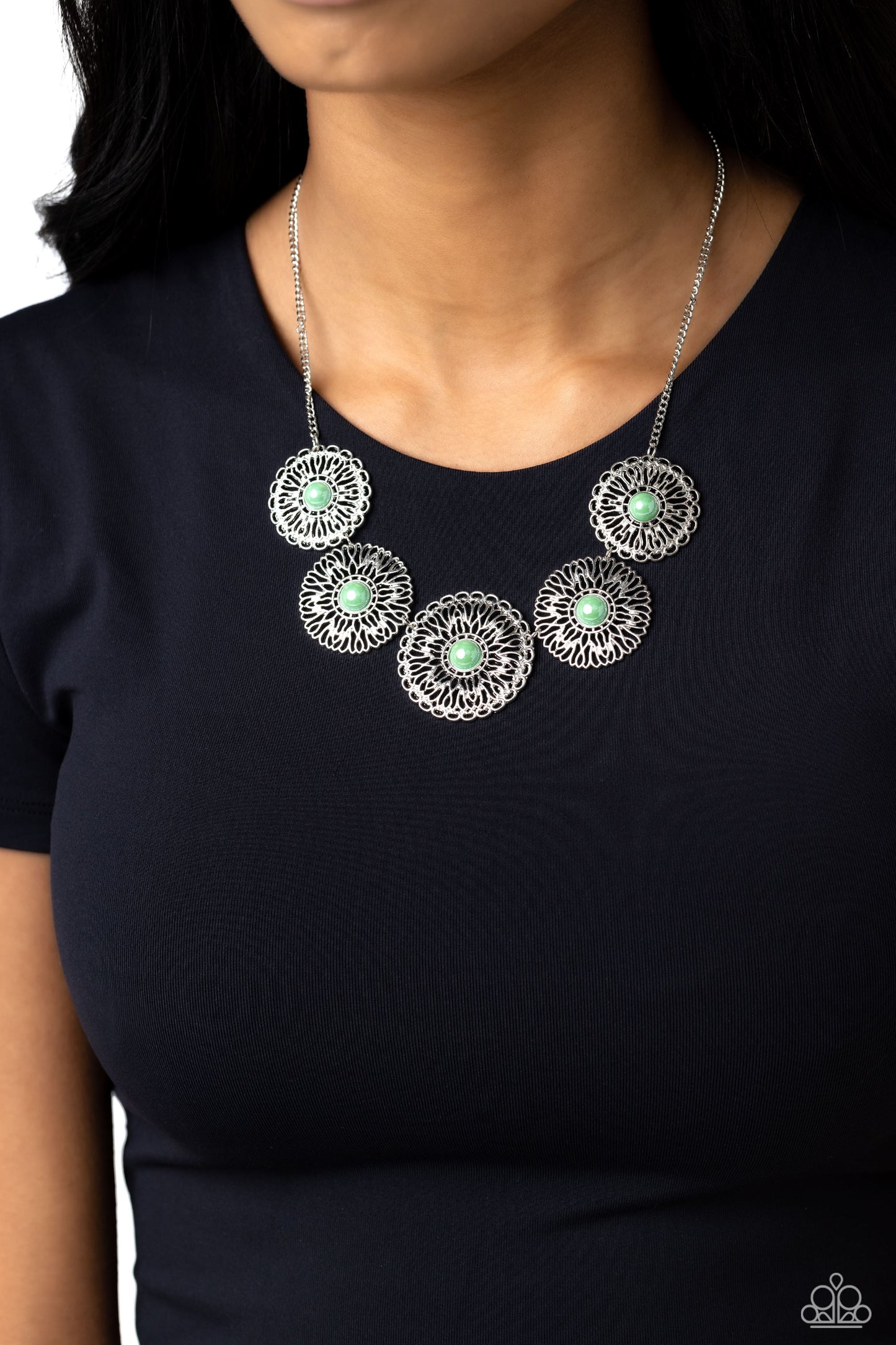 Chrysanthemum Craze - Green Necklace Earring Set