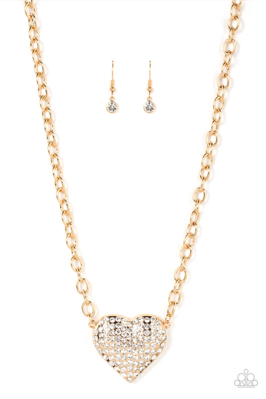 Heartbreakingly Blingy - Gold Necklace Earring Set